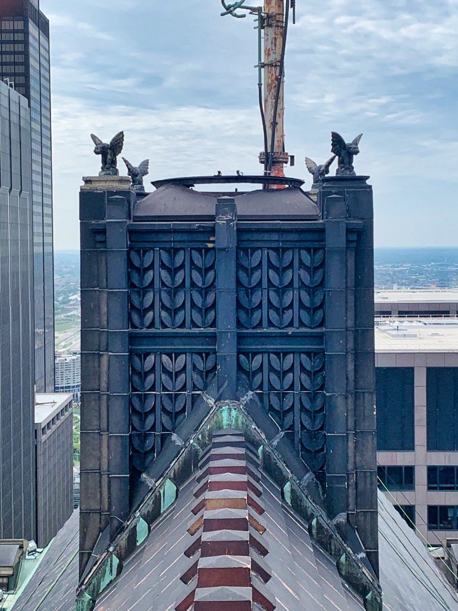 Chicago Civic Opera roof  with gargoyles on top of it