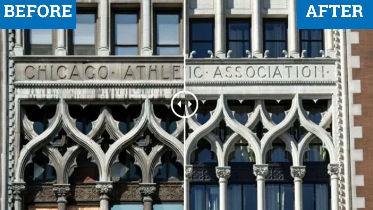 Before-and-after comparison of RestoreWorks' cleaning job at the Chicago Athletic Association. The left side shows the building's ornate stone facade darkened by dirt, carbon, and contaminants, while the right side reveals the restored, brightened surface after misting and hand scrubbing with soft brushes.