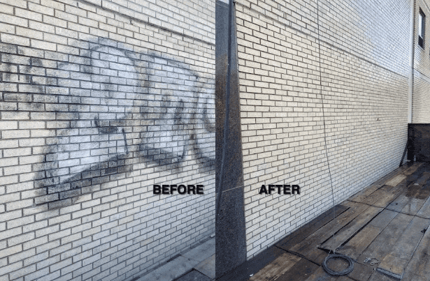 Side-by-side comparison of a brick wall before and after graffiti removal. The left side, labeled 