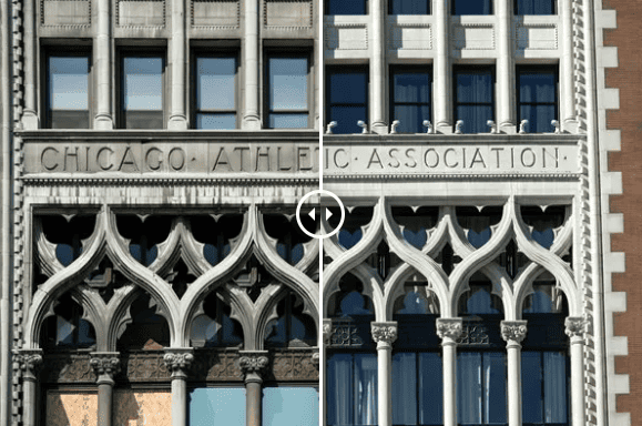 Split-screen comparison showing the Chicago Athletic Association building facade before and after restoration.