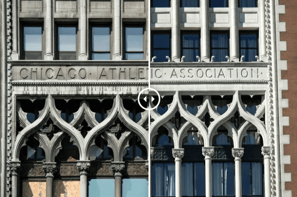 Chicago Athletic Association building facade with ornate arched stonework and tall windows.