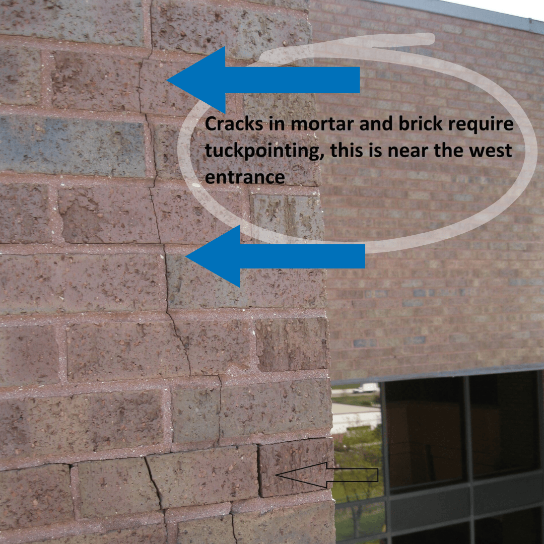 A close-up image of a brick wall with visible cracks in both the mortar joints and bricks. The image includes annotations with blue arrows pointing to the cracks and a text overlay that reads, 