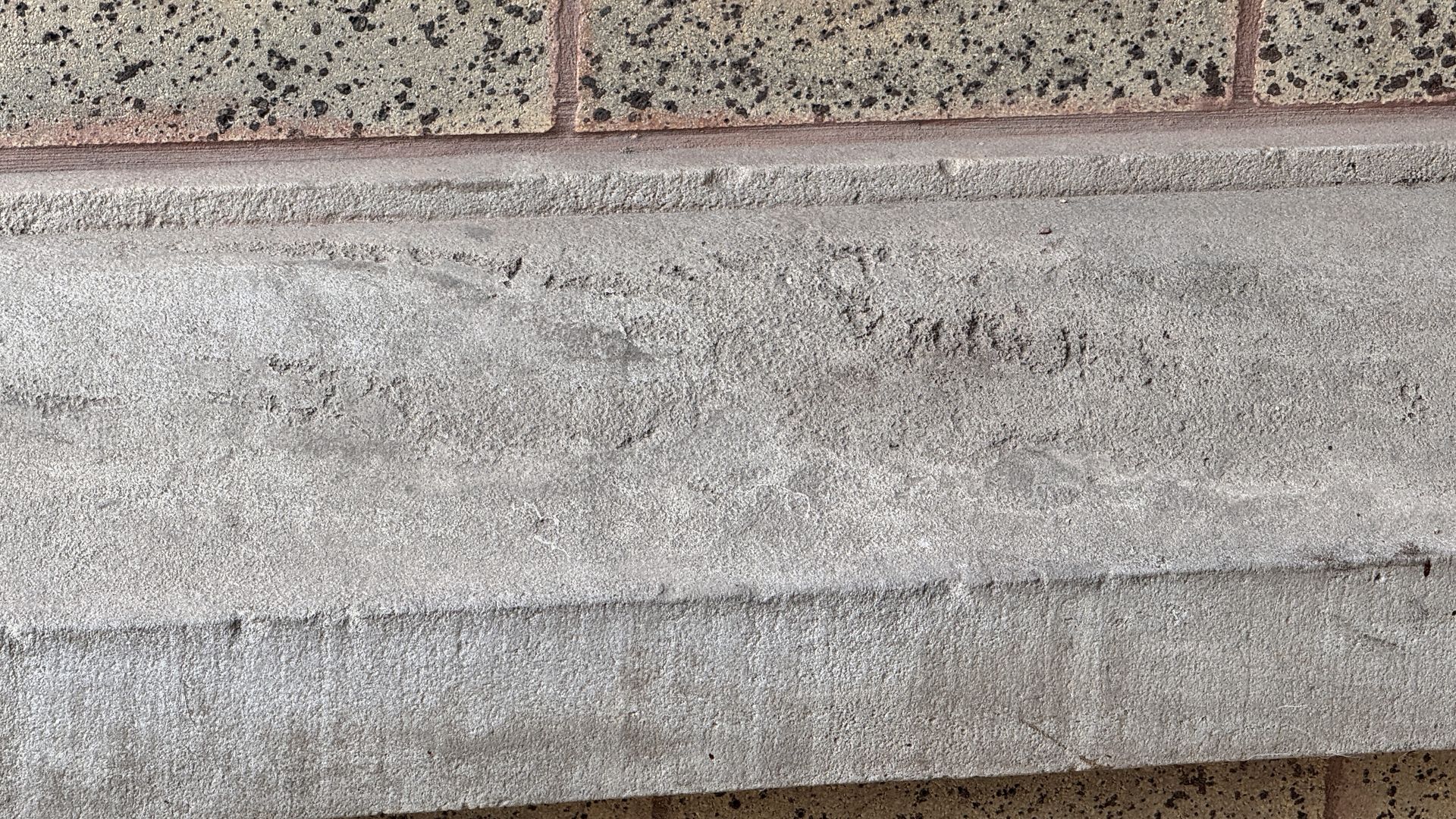 A weathered, grey concrete ledge or step with faint, worn carvings etched into its surface.
