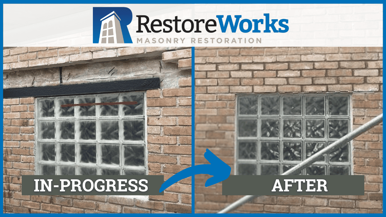 Before-and-after photo of flashing and lintel repairs at Porter County 911 Center masonry facade in Valparaiso, Indiana.