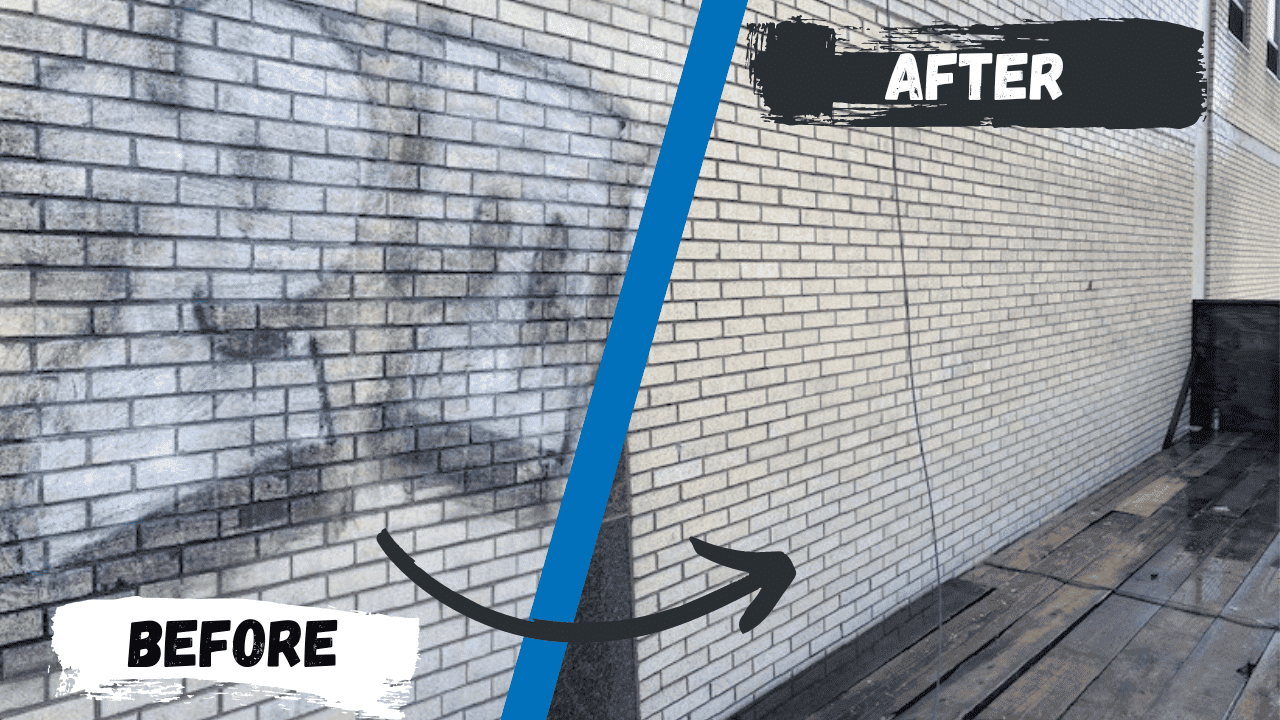 A split-screen comparison showing a brick wall before and after professional graffiti removal and power washing.