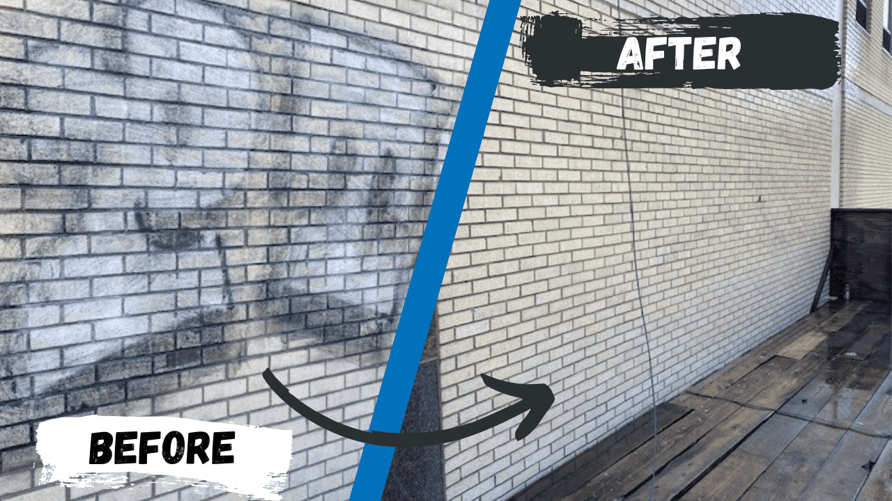 Before and after comparison of graffiti removal from a light-colored brick commercial building by RestoreWorks, showing a clean, restored masonry surface.
