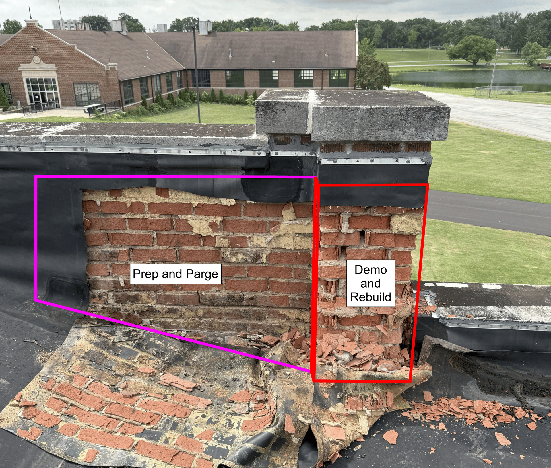 A rooftop brick parapet wall marked with outlines for 