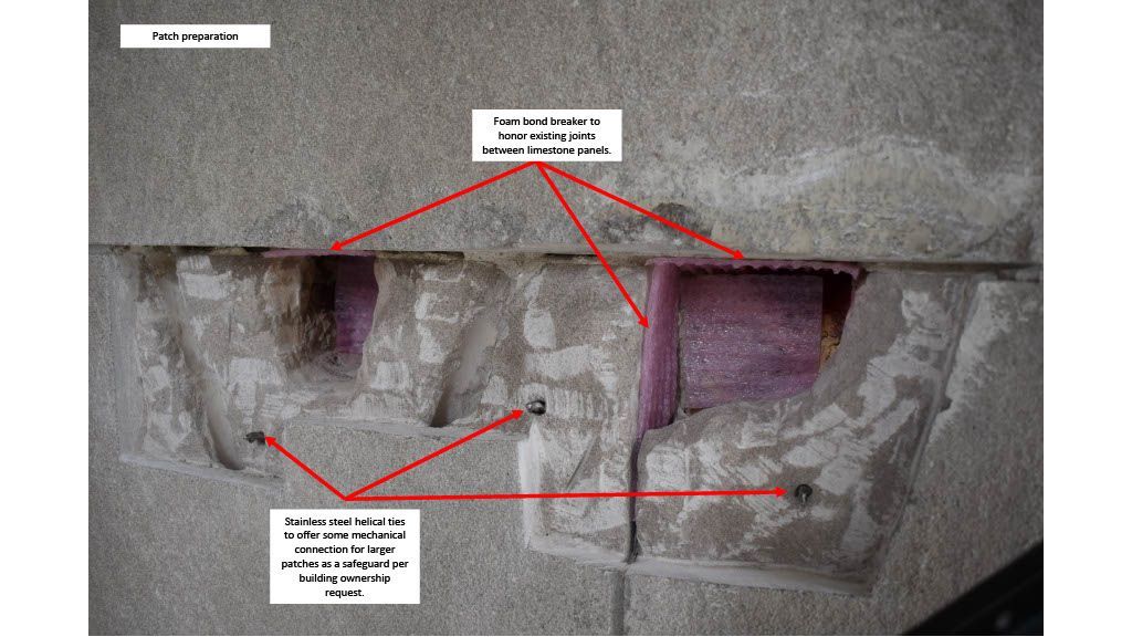 A close-up image of a limestone wall repair in progress. 