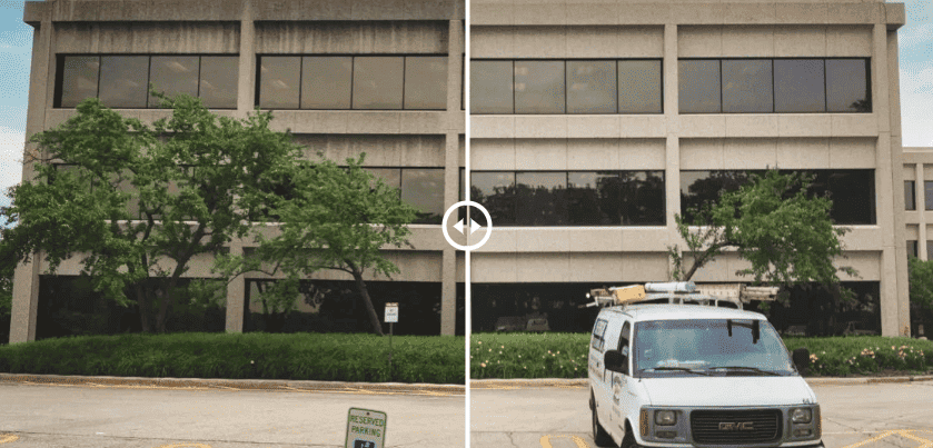 Before-and-after comparison showing a tree pruned away from an office building to improve visibility for a service van.