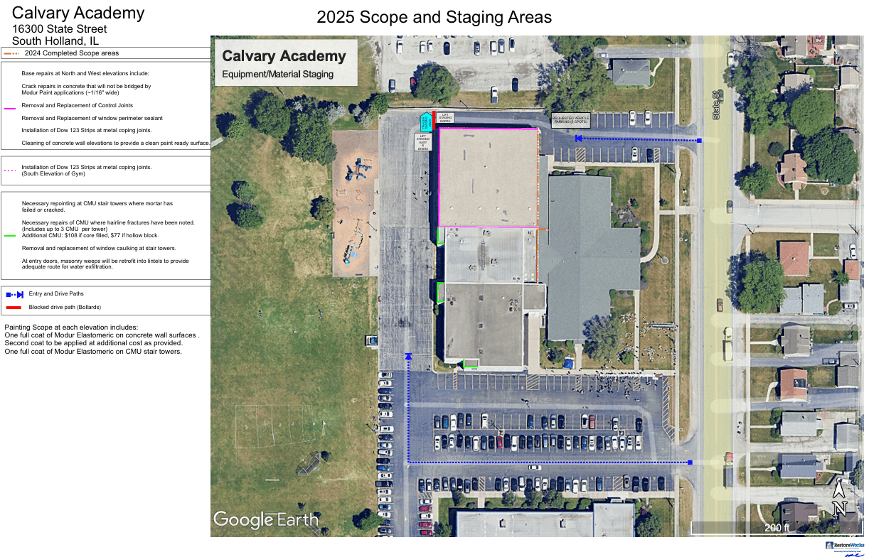Aerial map of Calvary Academy showing car line traffic flow with blue directional arrows and a red staging area line.