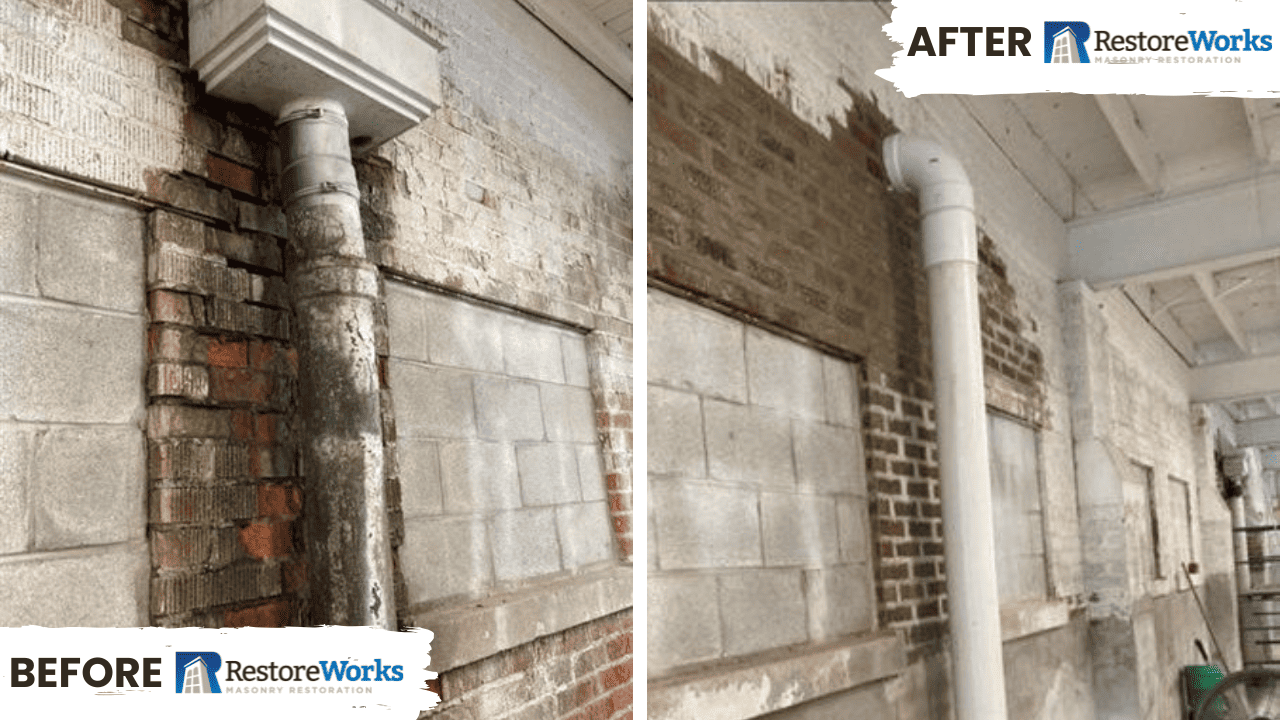 Before-and-after photo of Meeker Hall masonry restoration in Crown Point, Indiana showing rebuilt brickwork and new drain installation.