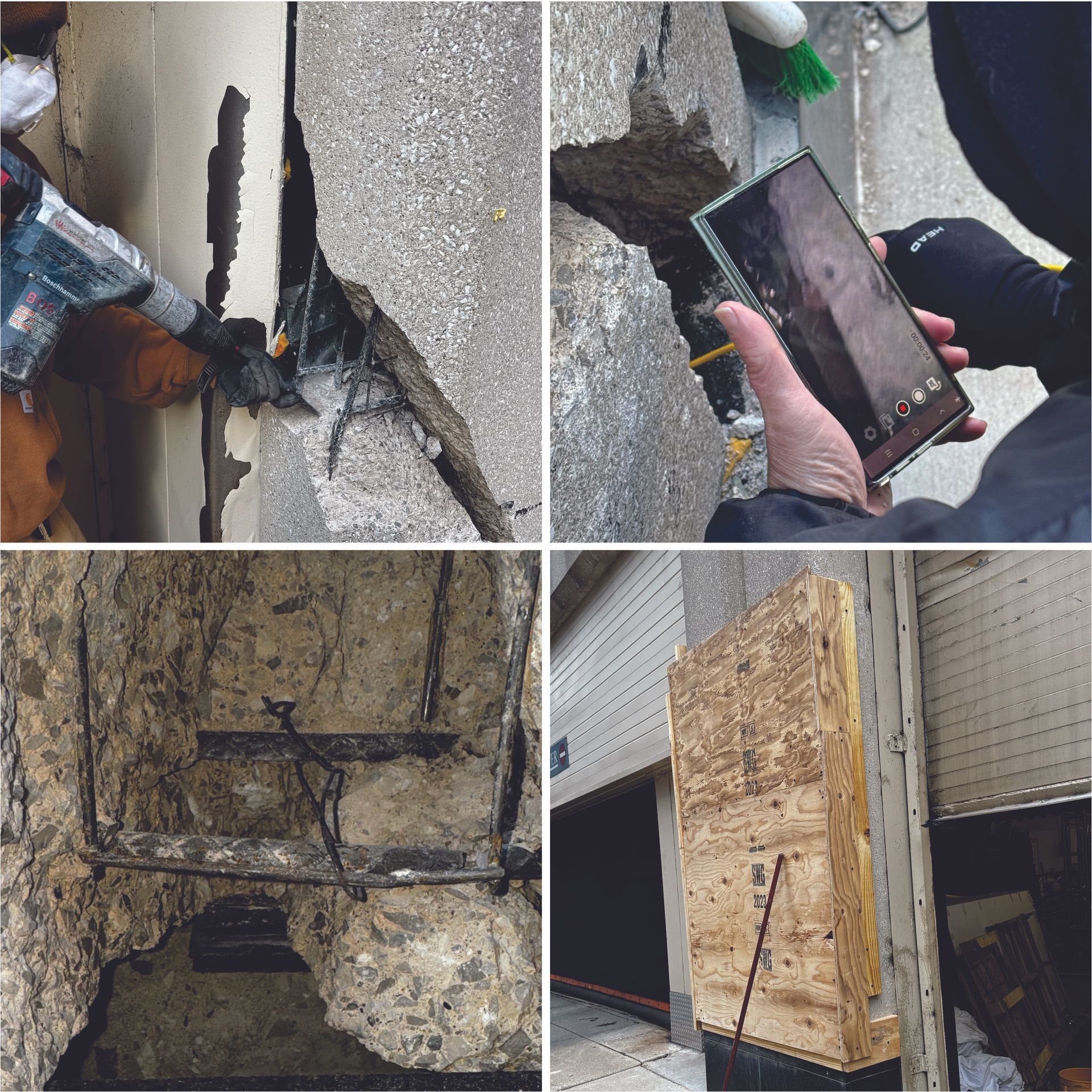 Concrete restoration inspection at the Sheraton Grand Chicago Riverwalk showing cracked façade, corroded rebar, and temporary shoring during early stages of repair.