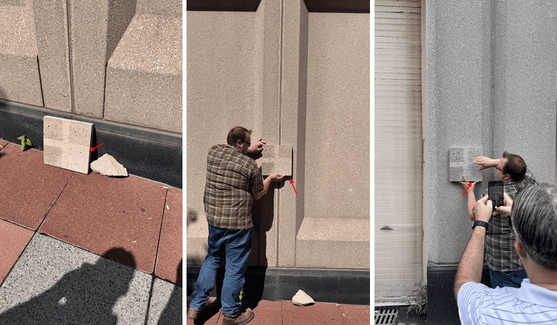 Concrete color and texture matching at the Sheraton Grand Chicago Riverwalk showing test panels compared to the existing façade to ensure a seamless visual blend.