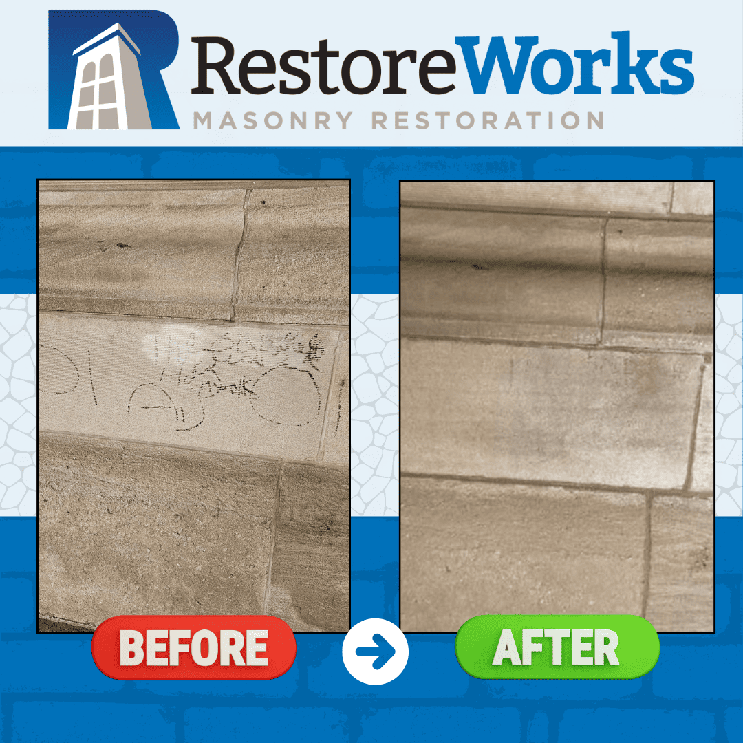 Before and after image of graffiti removal from historic limestone at the University Club of Chicago, showing clean masonry restored by RestoreWorks.