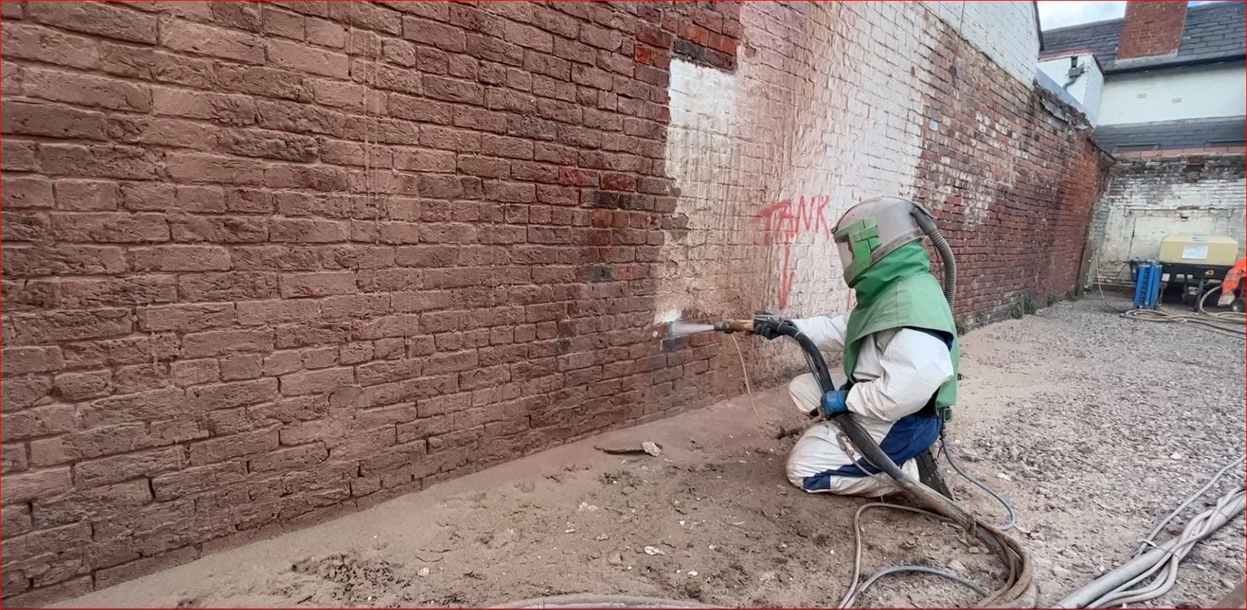 A person in protective gear and a helmet uses a nozzle to sandblast a red brick wall outdoors.