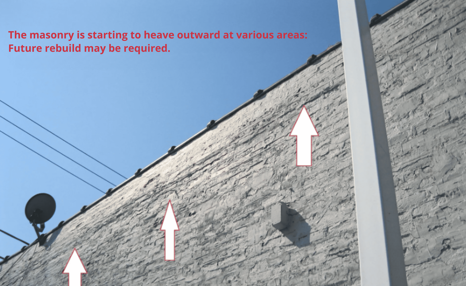 Cracked white exterior wall with arrows marking damaged areas under blue sky