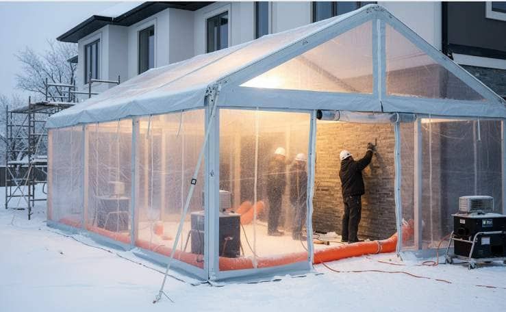 Person inspecting masonry covered in snow beside a house at dusk