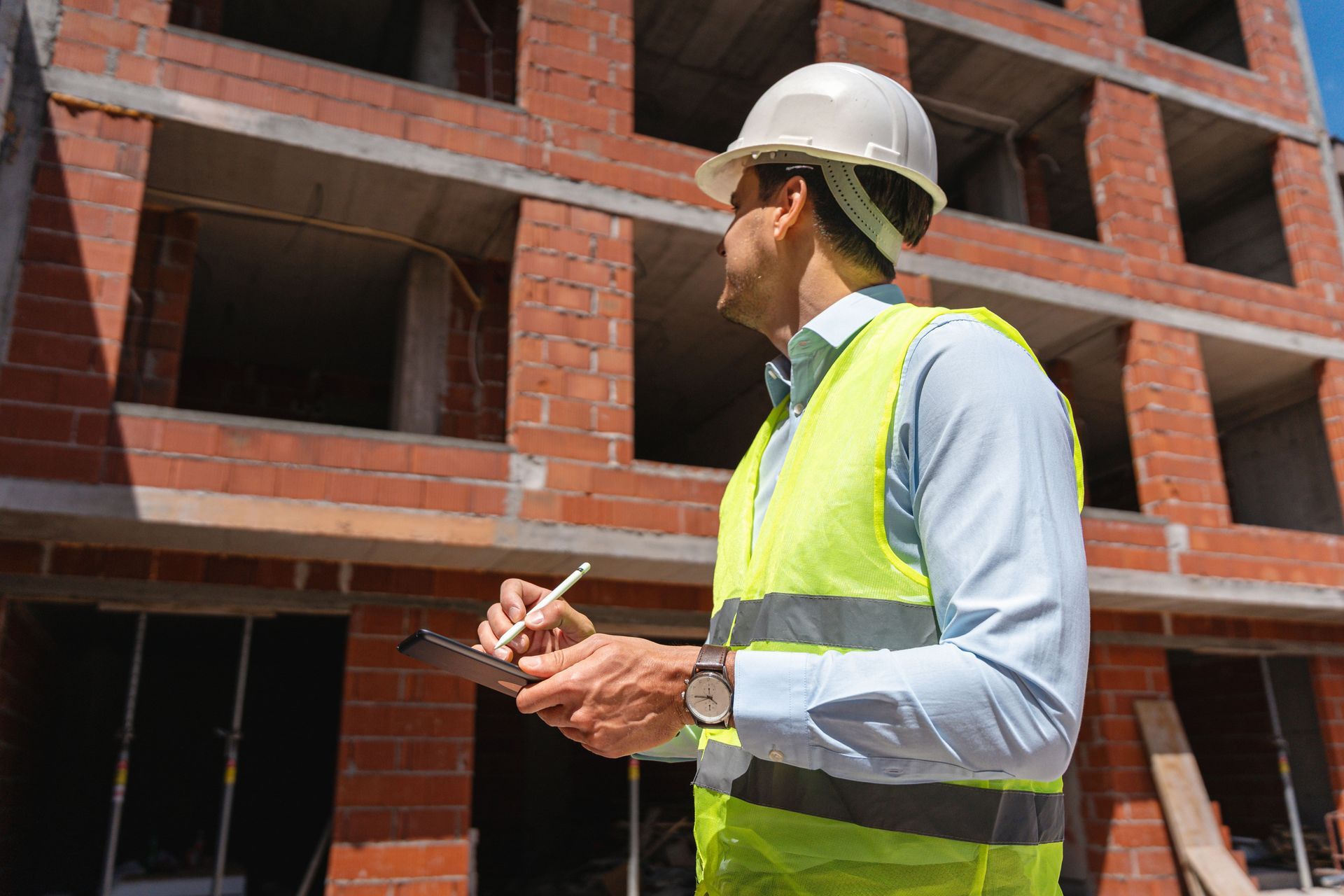 Construction worker in hard hat and safety vest inspecting a brick building site with a clipboard