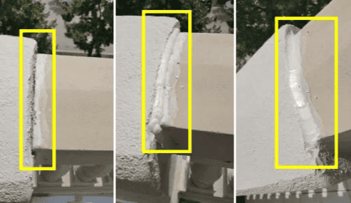 Three views of a white hanging object outlined in yellow on a building exterior.