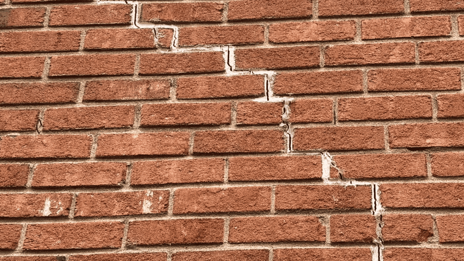 Close-up of a red brick wall with a long vertical crack running through the mortar.