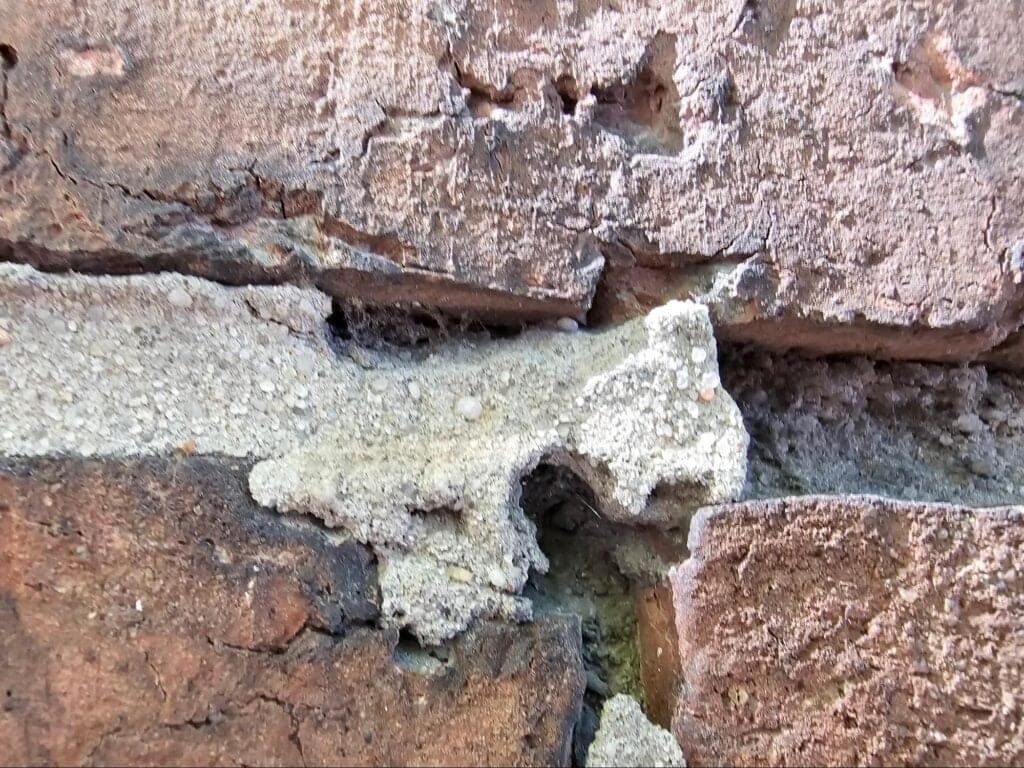 White lizard camouflaged on a brick wall crevice