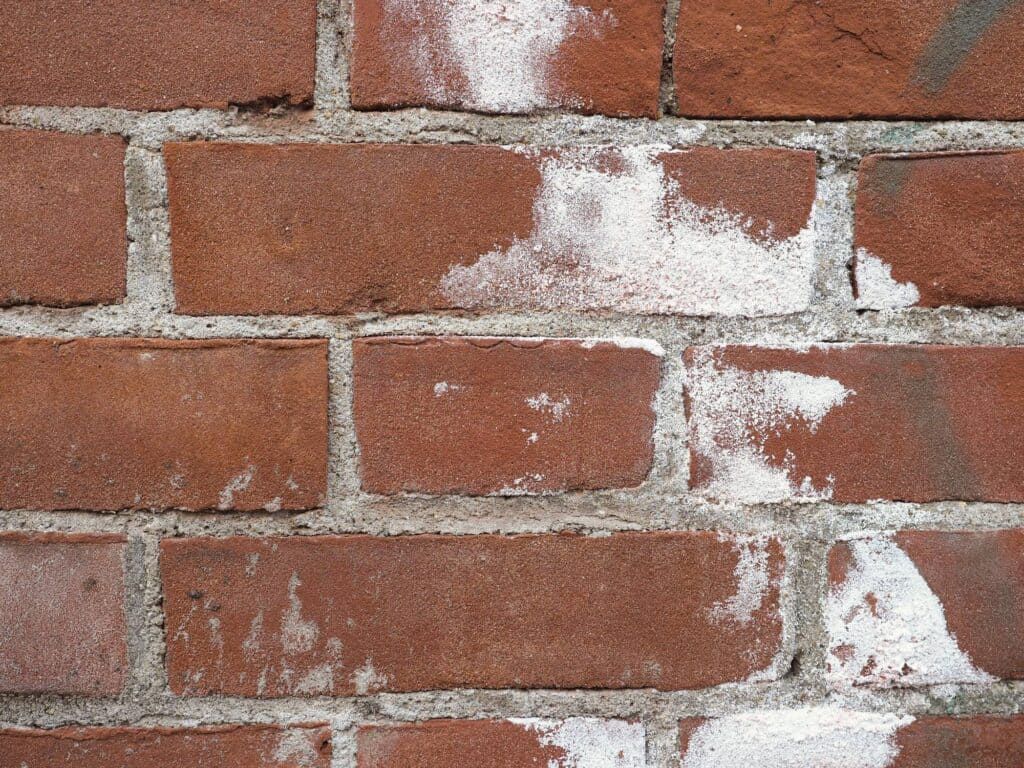 Close-up of a red brick wall with white mortar and patches of white paint or residue