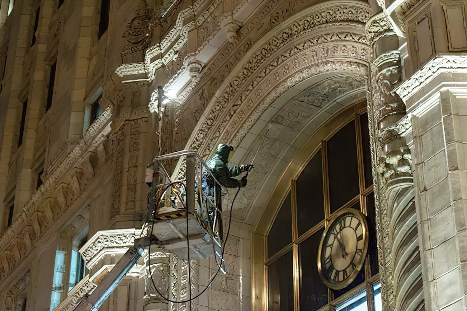 Worker on a lift cleaning a large ornate clock on a grand arched building facade