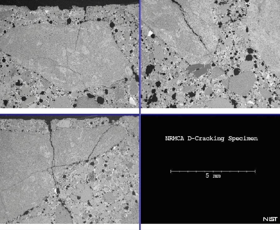 Four grayscale microscopy panels showing cracked rock samples and a scale bar, with one labeled SEM backscatter image