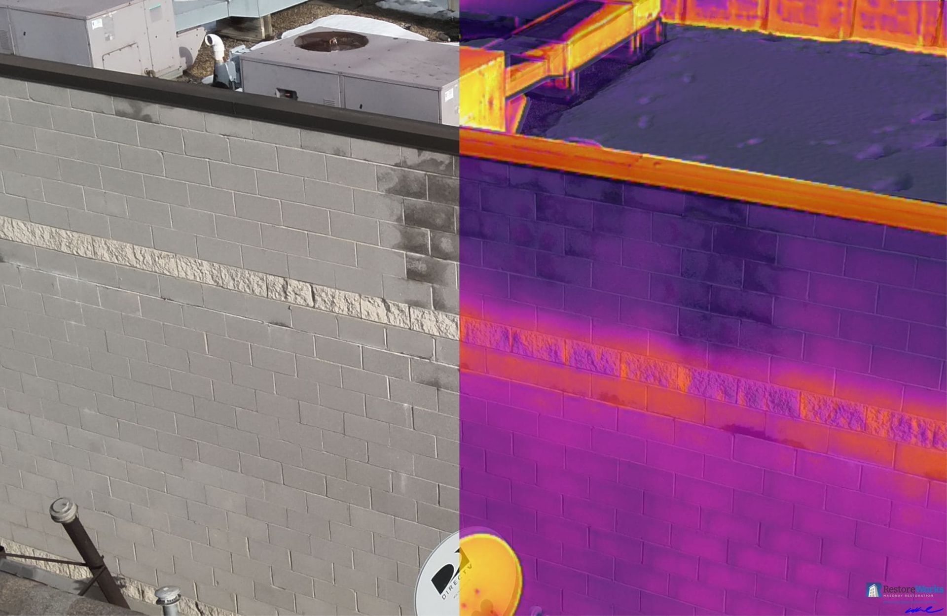 Split-screen thermal view of a rooftop and wall, with gray left side and purple-orange heat map on the right.