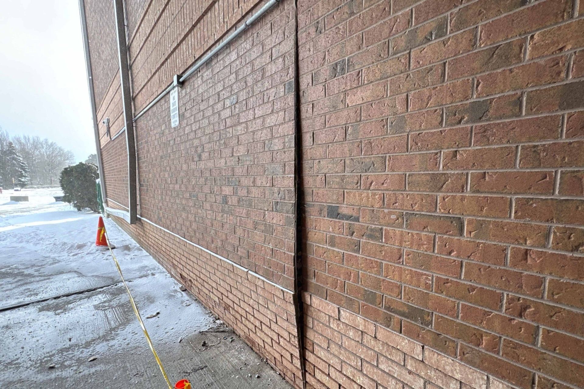 Snowy sidewalk beside a brick building with orange cones near the wall