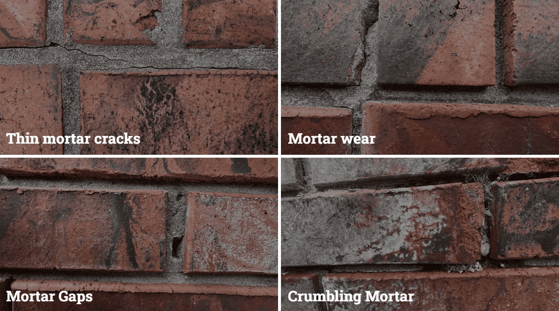 Four types of brick wall damage: thin mortar cracks, mortar wear, mortar gaps, and crumbling mortar.