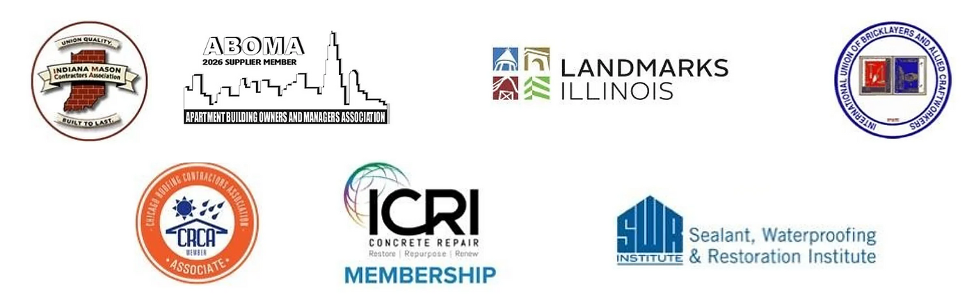 RestoreWorks industry association memberships, including IMCA, ABOMA, Landmarks Illinois, BAC, CRCA, ICRI, and SWR Institute.