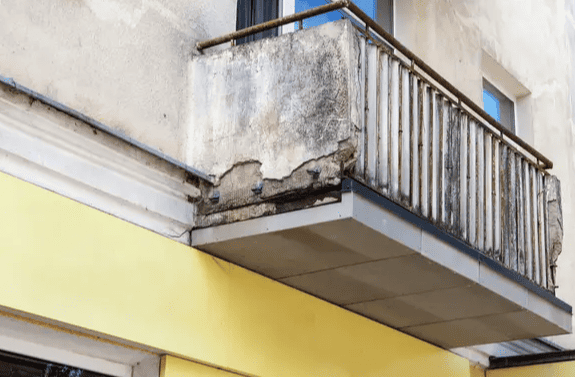 Damaged apartment balcony with cracked concrete and peeling metal railing above a yellow wall