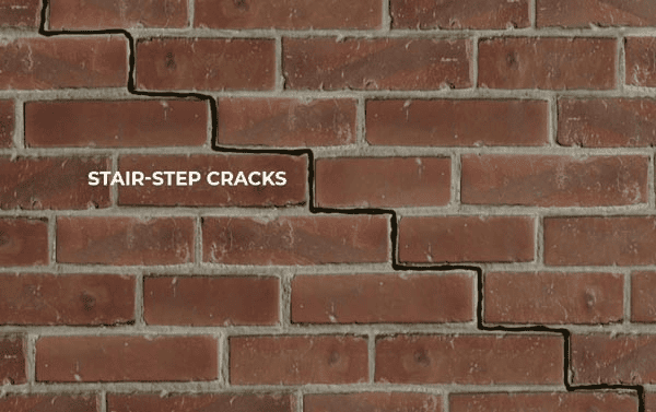 Brick wall with stair-step cracks and the label “STAIR-STEP CRACKS”
