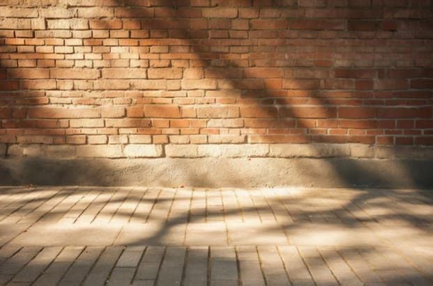 Sunlit brick wall above a paved courtyard with long tree shadows