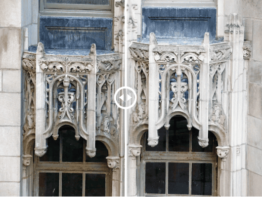 Split-screen comparison of ornate Gothic stone architectural details, showing before and after cleaning and restoration.