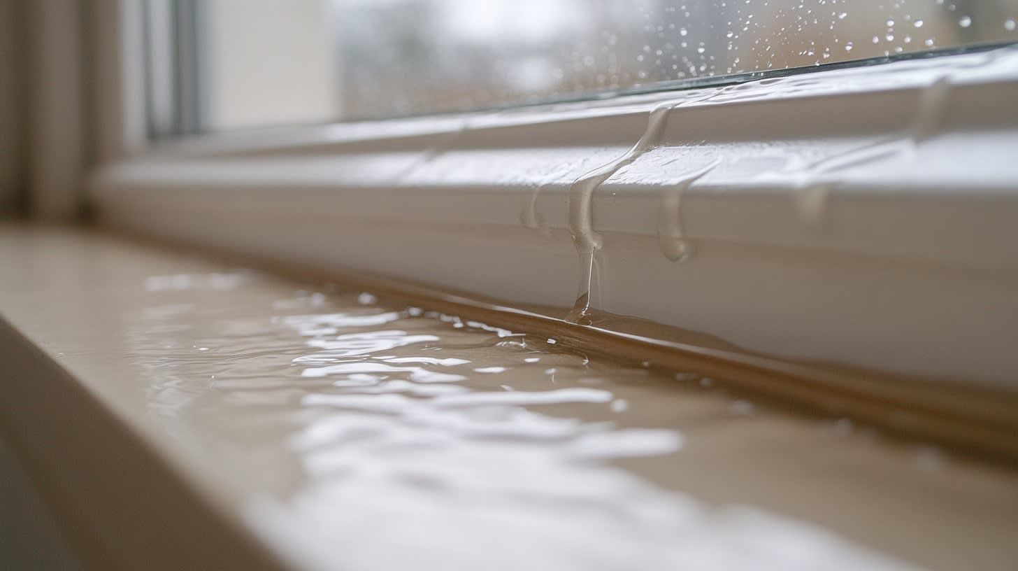 Water leaking onto a windowsill, with droplets running down the frame