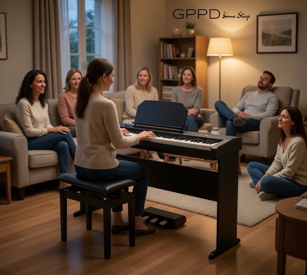 Small group seated around a digital piano in a cozy living room, appearing to gather for music or practice.
