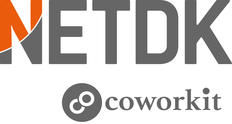NETDK-logo med “coworkit”-branding nedenunder; grå og orange.