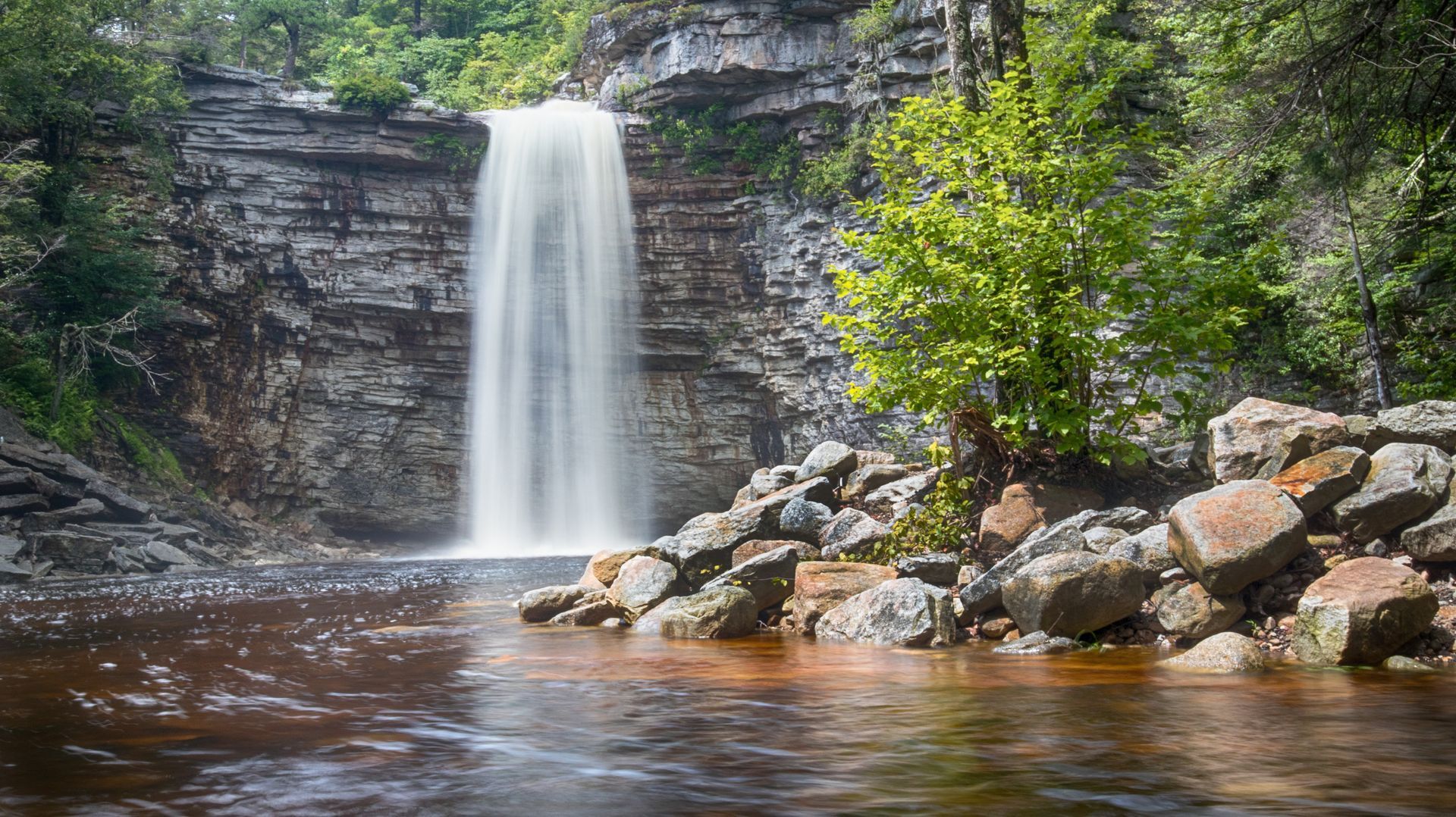 Waterfall cascading into a rocky pool beside green trees and a stone cliff