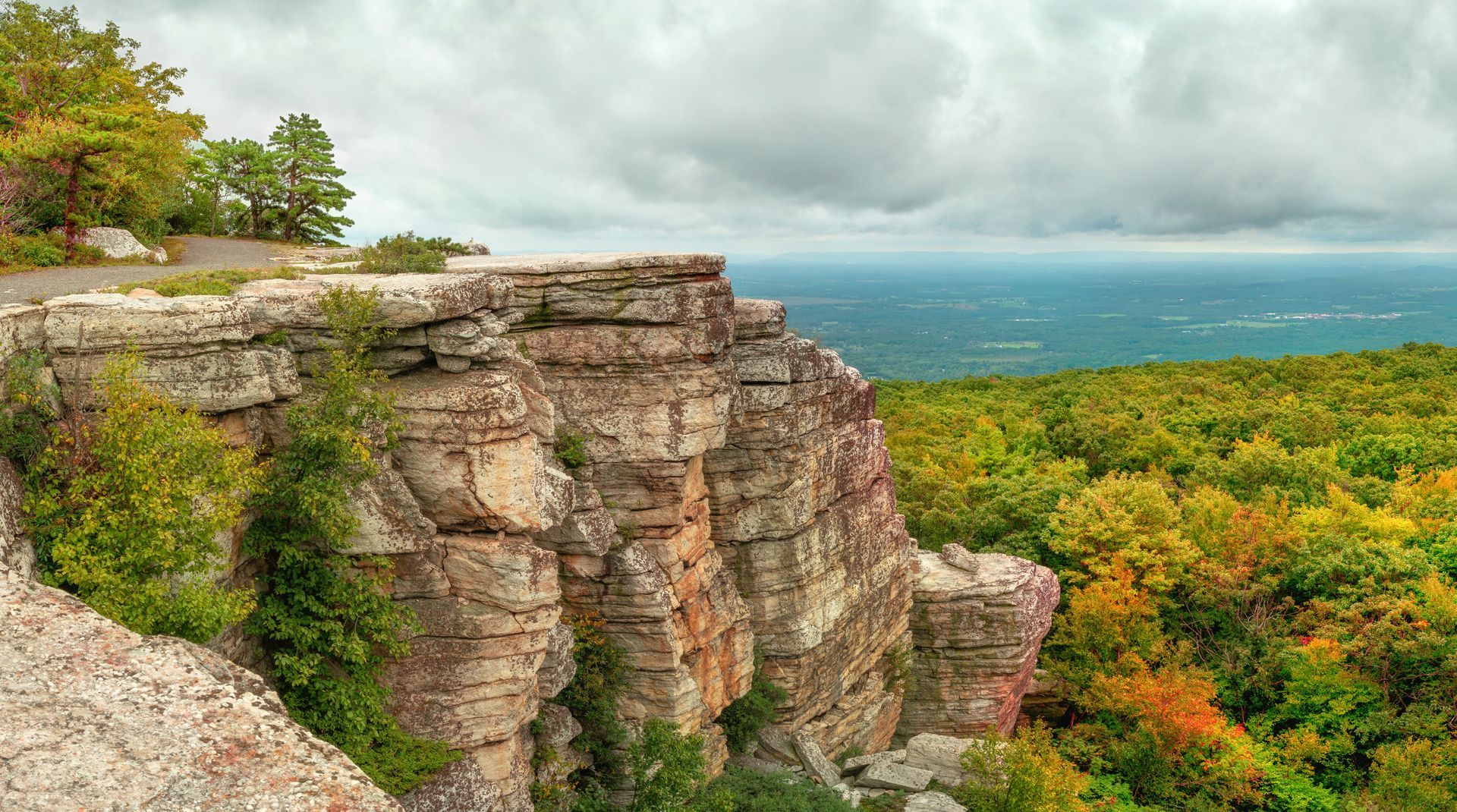 Rocky cliff overlooking a green forest and blue water under cloudy skies