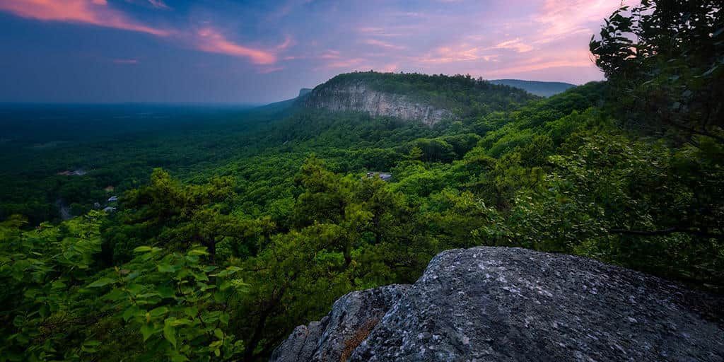 Lush green forest and rocky cliff at sunset under a pink-purple sky