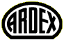 A black and white logo for a company called ardex on a white background.