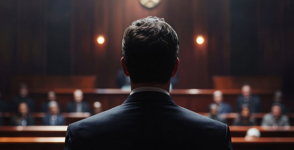 Criminal law proceedings taking place in a courtroom with legal teams