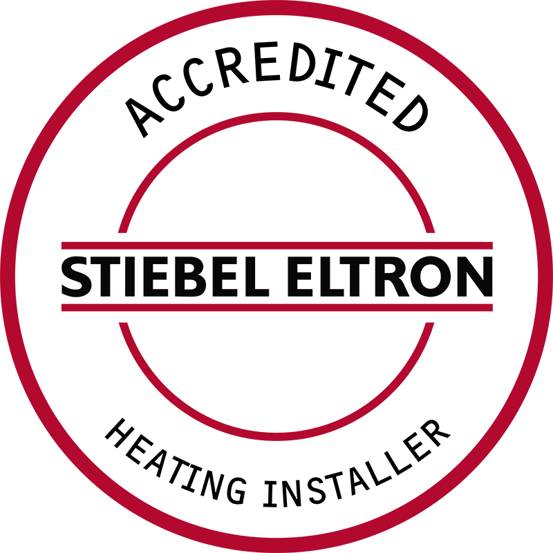 Stiebel Eltron accredited heating installer badge in red, black, and white