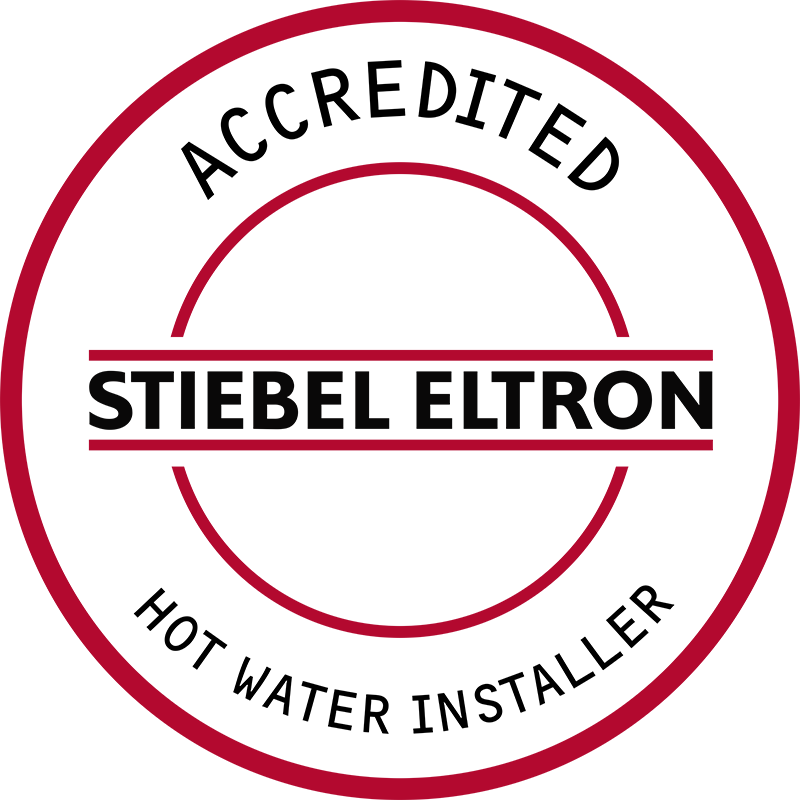 Stiebel Eltron accredited hot water installer badge with red circular border and black text