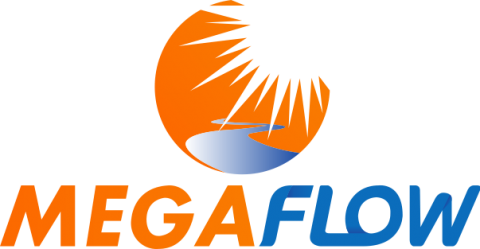MEGAFLOW logo with orange sunburst and blue water wave graphic