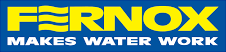 FERNOX logo in yellow on blue with slogan “MAKES WATER WORK”