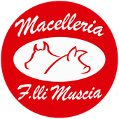 Logo circolare rosso con testo bianco “Macelleria F.lli Muscia” e sagoma di due tagli di carne