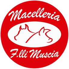Logo circolare rosso con testo bianco “Macelleria F.lli Muscia” e sagoma di due tagli di carne